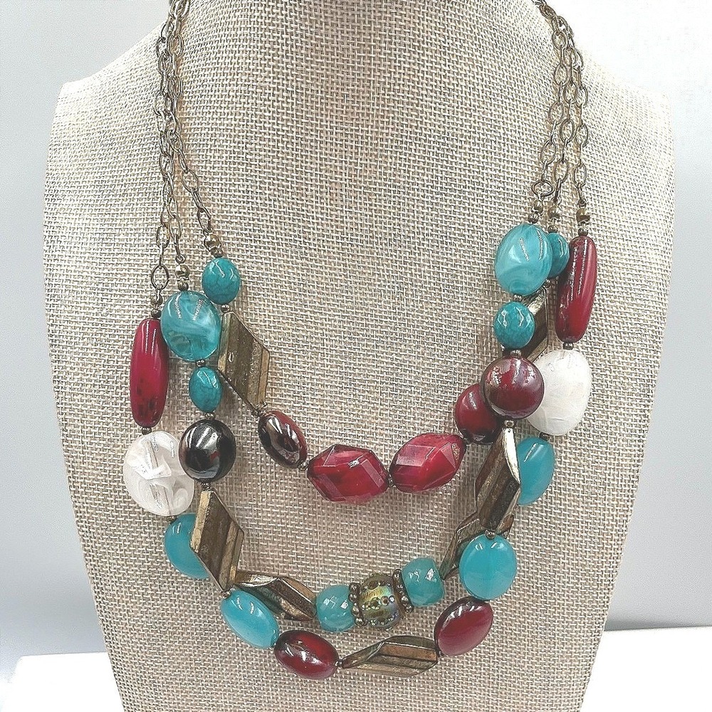 Vtg Avenue Multi Strand Beaded‎ Statement Necklace Boho Chic Layered Wood Beaded